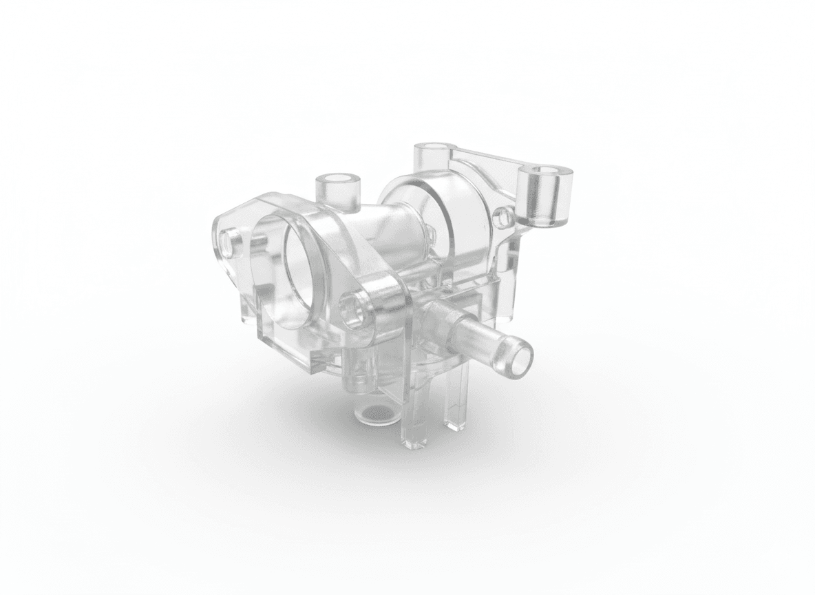 Carburateurmodel - Transparant model van een carburateur, ontwikkeld om zichtbaar te maken wat er binnenin gebeurt en hoe de interne onderdelen samenwerken.